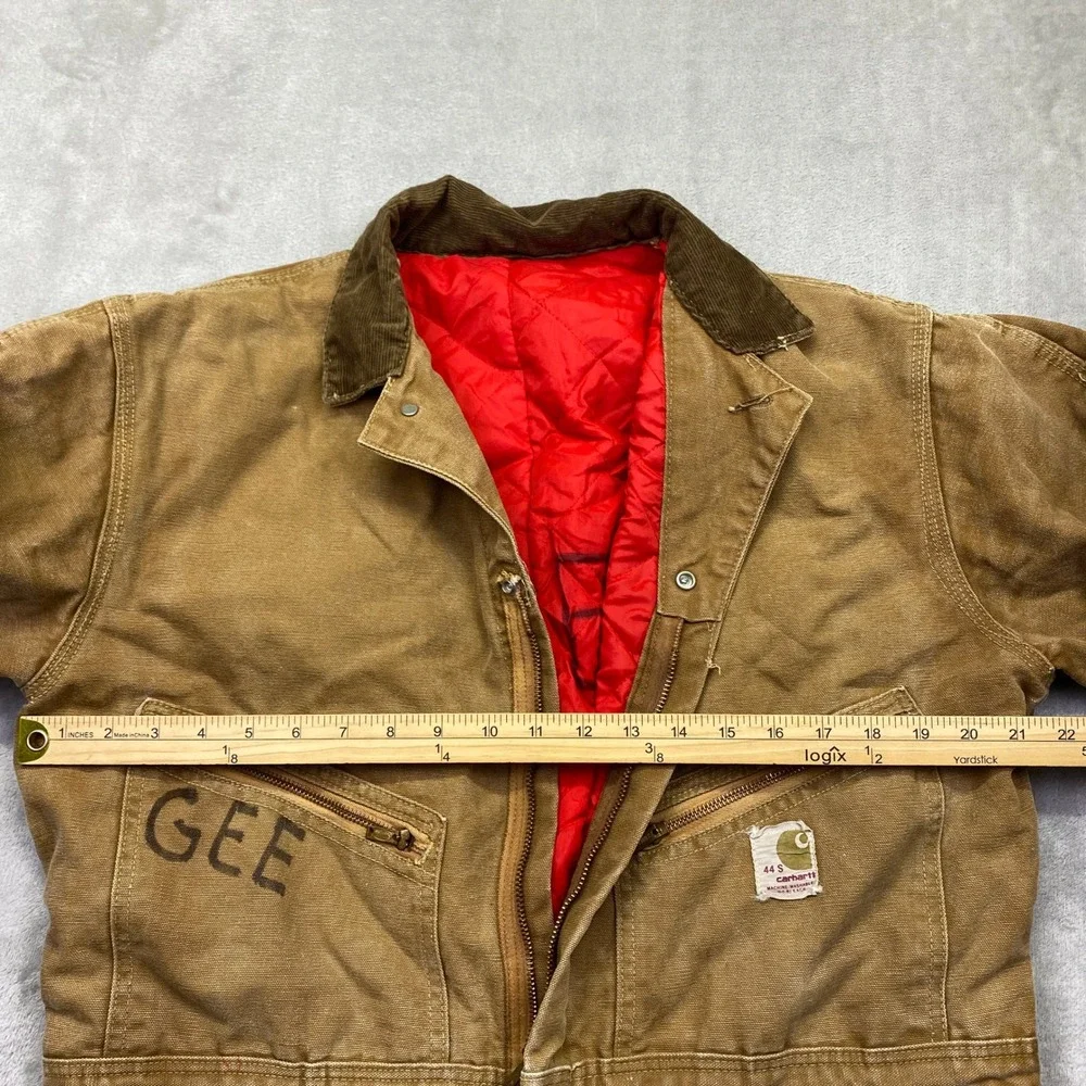 VTG Carhartt Duck Canvas‎ Quilt Lined Coveralls Brown 44 S Distressed 9960Z Zip